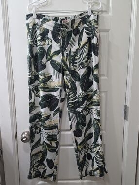 Per Se Tropical Leaf Linen Blend Pants - Large